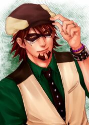  1boy adjusting_clothes adjusting_headwear bad_id bad_pixiv_id bracelet brown_eyes brown_hair cabbie_hat domino_mask facial_hair hat jewelry k-996 kaburagi_t._kotetsu male_focus mask ring solo stubble tiger_&amp;_bunny vest waistcoat watch wedding_ring wristwatch 