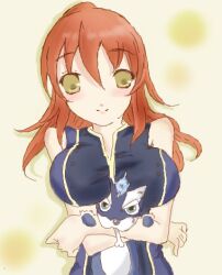  animal bare_shoulders bone breasts brown_eyes canine chastel_aiheap female long_hair lowres orange_hair ponytail repede smile tales_of_(series) tales_of_vesperia tales_of_vesperia:_the_first_strike 