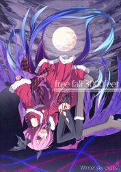  alternate_costume bad_id bad_pixiv_id black_thighhighs blue_hair demon_wings female gradient_hair head_wings ichiyan koakuma long_hair long_sleeves miniskirt moon multicolored_hair open_mouth pink_eyes pink_hair skirt solo thighhighs touhou upside-down very_long_hair wide_sleeves wings 