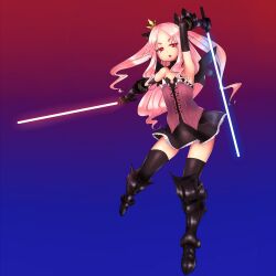  armor commentary_request crown dress elona energy_sword female gloves greaves pink_hair protagonist_(elona) red_eyes solo springpoppy sword thighhighs weapon wings 