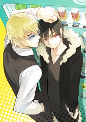  2boys black_hair blonde_hair commentary_request durarara!! fur_trim glasses heiwajima_shizuo male_focus multiple_boys orihara_izaya photoshop_(medium) red_eyes shokill vending_machine vest waistcoat yellow_eyes 