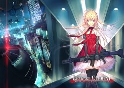  aikura_chihiro blonde_hair building character_request city cityscape commentary_request cyberpunk dress elbow_gloves female gloves glowing gun mecha metalhead_(ttrpg) night night_sky photoshop_(medium) robot sky thighhighs weapon 