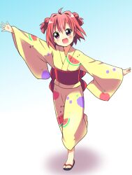  :d ahoge akaza_akari bad_id bad_pixiv_id double_bun female hair_bun hair_intakes japanese_clothes kimono kurou_(quadruple_zero) open_mouth painttool_sai_(medium) purple_eyes red_hair sandals smile solo toes yellow_kimono yukata yuru_yuri 