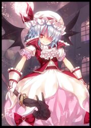  bad_id bad_pixiv_id bat_wings blue_hair border building dress female full_moon gloves hair_over_one_eye hat hat_ribbon holding kiira moon photoshop_(medium) red_eyes remilia_scarlet ribbon short_hair smile solo staff touhou wings 