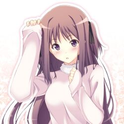  :o bad_id bad_nicoseiga_id blush brown_hair colorized female ginmaru hair_ribbon ichiroku long_hair long_sleeves looking_at_viewer original outline parted_lips photoshop_(medium) purple_eyes ribbon sleeves_past_wrists solo two_side_up upper_body 