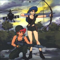  2girls 80s blue_eyes blue_hair breasts dark_skin dirty_pair kei_(dirty_pair) large_breasts long_hair lowres multiple_girls oldschool parody rambo red_hair short_hair yuri_(dirty_pair) 