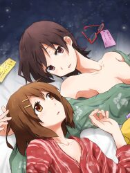  2girls arm_behind_head blush breasts brown_eyes brown_hair cleavage collarbone commentary_request glasses hair_ornament hairclip highres hirasawa_yui japanese_clothes k-on! kagiana kimono lying manabe_nodoka medium_breasts multiple_girls off_shoulder short_hair tanabata tanzaku translated unworn_eyewear upper_body yukata yuri 