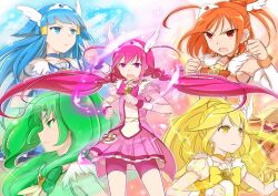  5girls aoki_reika bad_id bad_pixiv_id bike_shorts blonde_hair blue_hair blush_stickers bow choker cure_beauty cure_happy cure_march cure_peace cure_sunny dress green_eyes green_hair hair_flaps hair_tubes hino_akane_(smile_precure!) hoshizora_miyuki long_hair magical_girl midorikawa_nao minatsuki_randoseru multiple_girls open_mouth orange_choker orange_hair pink_bow pink_choker pink_eyes pink_hair pink_shorts pink_skirt precure shorts skirt smile_precure tiara twintails yayoi_kise yellow_bow yellow_choker yellow_eyes 