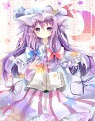  absurdres bad_id bad_link bad_nicoseiga_id book crescent female hair_ribbon hat highres kedama_milk long_hair open_book patchouli_knowledge purple_eyes purple_hair ribbon solo star_(symbol) striped touhou vertical_stripes 