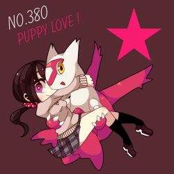  bad_id bad_pixiv_id black_legwear brown_hair carrying english_text female holding hug kneehighs latias long_hair ngayope open_mouth pink_eyes plaid plaid_skirt pleated_skirt pokedex_number pokemon pokemon_(creature) polka_dot polka_dot_scrunchie ponytail princess_carry school_uniform scrunchie skirt smile socks star_(symbol) sweater yellow_eyes 