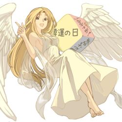  angel_wings bad_id bad_pixiv_id barefoot blonde_hair breasts dice dress ehekatl_of_luck elona feet female harusame_(rueken) looking_at_viewer medium_breasts open_mouth sash sideboob smile solo translated v wings 