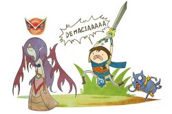  1boy aa2233a adventure_time chinese_commentary commentary_request female garen_(league_of_legends) league_of_legends long_hair morgana_(league_of_legends) open_mouth parody photoshop_(medium) pointy_ears purple_hair style_parody sword warwick weapon wings 