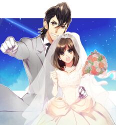  1boy alternate_costume bad_id bad_pixiv_id bouquet brown_eyes brown_hair dress dress_shirt female fist_pump flower formal gloves grin kamen_rider kamen_rider_fourze_(series) kisaragi_gentarou kotono misaki_nadeshiko necktie pompadour shirt short_hair sky smile star_(sky) starry_sky suit veil wedding_dress 