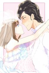  1boy alternate_costume arms_around_neck bad_id bad_pixiv_id black_hair blue_eyes blush brown_eyes brown_hair dress female formal kamen_rider kamen_rider_fourze_(series) kisaragi_gentarou kotono misaki_nadeshiko short_hair suit veil wedding_dress white_suit 