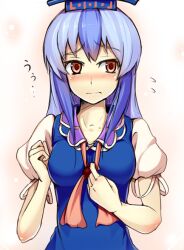  ascot blue_hair blush breasts collarbone embarrassed female flying_sweatdrops hat hinami_(hinatamizu) kamishirasawa_keine long_hair medium_breasts multicolored_hair puffy_short_sleeves puffy_sleeves red_eyes short_sleeves solo touhou two-tone_hair wavy_mouth 