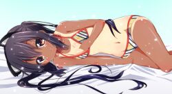  animal_ears bad_id bad_pixiv_id bikini black_hair brown_eyes cat_ears fake_animal_ears female k-on! kurou_(quadruple_zero) long_hair looking_at_viewer lying nakano_azusa on_side one-piece_tan painttool_sai_(medium) swimsuit tan tanlines wet 