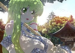  bamboo_broom breasts broom cleavage commentary_request dappled_sunlight day detached_sleeves female green_eyes green_hair hidori_(hibi_toridori) huge_breasts kochiya_sanae long_hair nature open_mouth rope shade shimenawa shrine sky solo staring sunlight sweat sweatdrop touhou tree tree_shade 