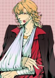  1boy arm_sling bandages blonde_hair bruise cigarette commentary_request formal injury jewelry k-996 male_focus necklace ourobunny red_eyes solo suit tiger_&amp;_bunny 