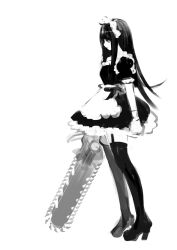  chainsaw commentary female full_body greyscale high_heels long_hair maid monochrome original photoshop_(medium) profile pump_(pumpqmuq) shoes simple_background solo standing thighhighs white_background 