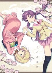  2girls ao_no_exorcist barefoot blonde_hair floral_print flower green_eyes holding_hands itoichi. japanese_clothes kamiki_izumo kimono magnolia moriyama_shiemi multiple_girls necktie nii_(ao_no_exorcist) purple_hair red_eyes school_uniform short_hair striped striped_necktie twintails upside-down 