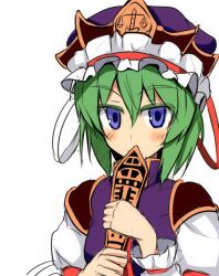  blue_eyes blush female frills green_hair hat hinami_(hinatamizu) long_sleeves rod_of_remorse shiki_eiki short_hair solo touhou white_background 