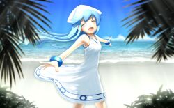  beach blue_hair closed_eyes commentary_request day dress female hat ikamusume long_hair outdoors outstretched_arms shinryaku!_ikamusume spread_arms tentacle_hair tooi_aoiro 