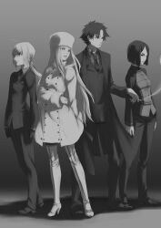  1boy 3girls artoria_pendragon_(fate) bob_cut boots cigarette coat commentary_request d-gunhoo emiya_kiritsugu fate/zero fate_(series) formal greyscale hat highres hisau_maiya irisviel_von_einzbern long_coat long_hair monochrome multiple_girls pant_suit pants pantyhose ponytail saber_(fate) short_hair suit thigh_boots thighhighs 