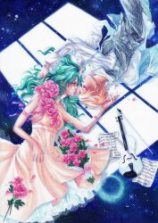  2girls aqua_hair bishoujo_senshi_sailor_moon bouquet dress eye_contact flower formal grabbing_another&#039;s_hair instrument jewelry kaiou_michiru long_hair looking_at_another lying marker_(medium) moonlight multiple_girls musical_note nao-ren necklace pant_suit pants paper petals pink_flower pink_rose reverse_trap rose rose_petals sheet_music short_hair sky star_(sky) starry_sky striped suit ten&#039;ou_haruka traditional_media very_short_hair violin yellow_dress yuri 