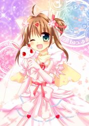  ;d ahoge aino_osaru blush brown_hair commentary_request dress earrings elbow_gloves female gloves green_eyes hair_ribbon heart highres jewelpet_(series) jewelpet_twinkle jewelry magic_circle one_eye_closed open_mouth ribbon ruby_(jewelpet) sakura_akari side_ponytail smile sparkle tears white_gloves 