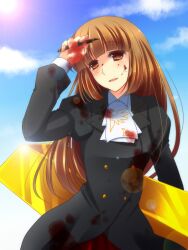  blood blood_on_face brown_eyes brown_hair cloud commentary_request day dress female gold hime_cut long_hair necktie neon_ui pen sky solo umineko_no_naku_koro_ni ushiromiya_rosa 