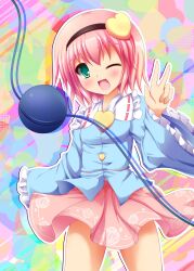  alternate_hair_color aqua_eyes breasts commentary_request cosplay eyeball female hairband heart highres komeiji_koishi komeiji_satori komeiji_satori_(cosplay) liya one_eye_closed open_mouth petite photoshop_(medium) pink_hair pink_skirt short_hair skirt sleeves_past_wrists small_breasts smile solo third_eye touhou wide_sleeves 