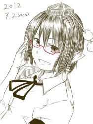  adjusting_eyewear bespectacled black_hair commentary dated female glasses grin hat kawashina_(momen_silicon) looking_at_viewer open_mouth red-framed_eyewear ribbon shameimaru_aya short_hair simple_background smile solo tokin_hat touhou 