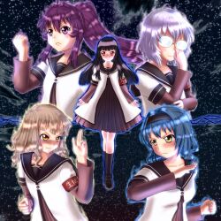  5girls black_hair blonde_hair blue_hair brown_eyes commentary_request furutani_himawari glasses highres ikeda_chitose long_hair matsumoto_rise multiple_girls nanamori_school_uniform oomuro_sakurako purple_eyes purple_hair school_uniform serafuku shoguran short_hair sugiura_ayano yellow_eyes yuru_yuri 