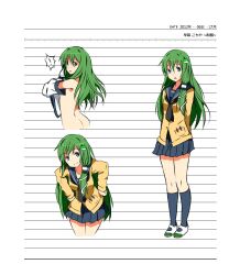  ! alternate_costume ass blush character_name commentary_request contemporary female frog_hair_ornament green_eyes green_hair hair_ornament hair_tubes jacket kochiya_sanae long_hair myuto_(advent_retribution) nude open_mouth pen photoshop_(medium) reference_sheet school_uniform shoes skirt smile snake touhou undressing uwabaki 