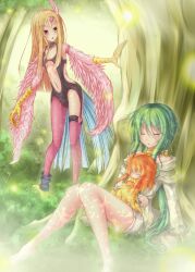  3girls blackwing_breeze_the_zephyr caam_serenity_of_gusto closed_eyes commentary_request day duel_monster green_hair hair_ornament harpie_girl_(yu-gi-oh!) harpy heart heart_hair_ornament long_hair monster_girl multiple_girls outdoors pantyhose shintani_tsushiya single_leg_pantyhose sitting thighhighs very_long_hair winged_arms wings yu-gi-oh! 