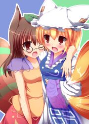  2girls animal_ears arm_around_neck blonde_hair breasts brown_eyes brown_hair commentary_request fox_tail futatsuiwa_mamizou glasses hat highres leaf leaf_on_head liya long_hair medium_breasts multiple_girls multiple_tails one_eye_closed open_mouth photoshop_(medium) raccoon_ears raccoon_tail short_hair skirt tail touhou wide_sleeves yakumo_ran 