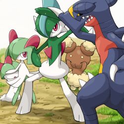  arm_blade battle black_sclera buneary claws colored_sclera covering_own_eyes dragon gallade garchomp horns kirlia outdoors pokemoa pokemon pokemon_(creature) ralts red_eyes sharp_teeth single_horn sweat teeth weapon yellow_eyes 