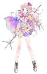  arched_crown atelier_(series) atelier_meruru bare_legs blonde_hair bloomers blue_eyes blush boots bow cape crown female flower full_body half_updo highres kishida_mel legs merurulince_rede_arls multicolored_cape multicolored_clothes official_art red_bow red_crown skirt solo staff tilted_headwear underwear white_background white_bloomers yellow_skirt 