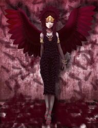  armband black_hair bracelet checkered dress emblem fabled_grimro feathers floor green_eyes high_heels necklace pose standing tiara wall wings yu-gi-oh! 