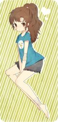  ayu_(mog) bad_id bad_pixiv_id bandages barefoot blush brown_eyes brown_hair female legs original ponytail shorts solo tears 