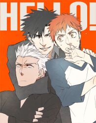  3boys archer_(fate) bad_id bad_pixiv_id black_hair blank_eyes casual cheekbones dark-skinned_male dark_skin emiya_kiritsugu emiya_shirou facial_hair fate/stay_night fate_(series) hug male_focus multiple_boys orange_hair photoshop_(medium) raglan_sleeves red_hair stubble sukumaraku white_hair yellow_eyes 