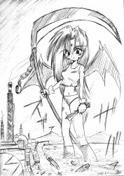  chains crush demon_girl demon_wings destruction factory giantess gloves harbor kemo long_hair monochrome monster_girl panties scythe serious ship shirt tsunami underwear wings 