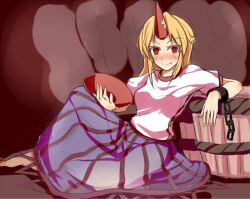  barefoot blonde_hair blush bucket chains cuffs female hinami_(hinatamizu) horns hoshiguma_yuugi long_hair long_skirt oerba_yun_fang puffy_sleeves red_eyes see-through short_sleeves single_horn sitting skirt smile solo star_(symbol) touhou 