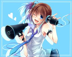  ;d bad_id bad_nicoseiga_id blue_background blue_hair blush brown_hair female heart holding megaphone nasuko necktie one_eye_closed open_mouth original side_ponytail skirt smile solo string_phone 