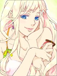  bad_id bad_pixiv_id bra female head_rest kurage lingerie long_hair macross macross_frontier seductive_smile sheryl_nome smile solo strap_slip underwear undressing 