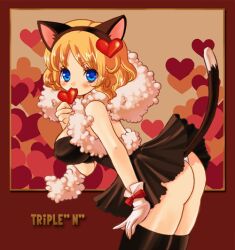  animal_ears ass bare_shoulders bent_over black_legwear black_thighhighs blonde_hair blue_eyes breasts cat_ears cat_tail female female heart large_breasts lowres mouth_hold nanakichi original panties pantyshot short_hair skirt solo standing tail thighhighs thighs triple_n underwear upskirt white_panties 