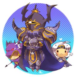  3boys :&lt; ahoge armor black_armor black_cape black_eyes blue_headband border cape cecil_harvey chibi chibi_only crossed_arms fake_horns final_fantasy final_fantasy_iv full_body golbez headband heart height_difference helmet holding holding_polearm holding_weapon horned_helmet horns kain_highwind kotorai male_focus multiple_boys polearm purple_armor round_border shoulder_spikes solid_oval_eyes spear spikes weapon white_hair 