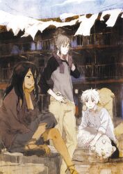  2boys absurdres black_eyes black_hair canine crossed_legs female grey_hair head_rest highres inukashi laundry long_hair multiple_boys nezumi_(no.6) no.6 red_eyes scan shion_(no.6) sitting standing toi8 white_hair 