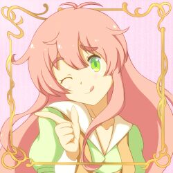  ;q bakyu-n!! banderasu collarbone commentary_request female green_eyes jinrui_wa_suitai_shimashita long_hair one_eye_closed parody pink_hair smile solo tongue tongue_out watashi_(jintai) yuru_yuri 