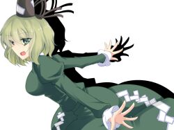  bad_id bad_pixiv_id breasts commentary_request dress drop_shadow female green_dress green_eyes green_hair hat kazami_chiu large_breasts open_mouth outstretched_arms shadow soga_no_tojiko solo tate_eboshi touhou white_background 